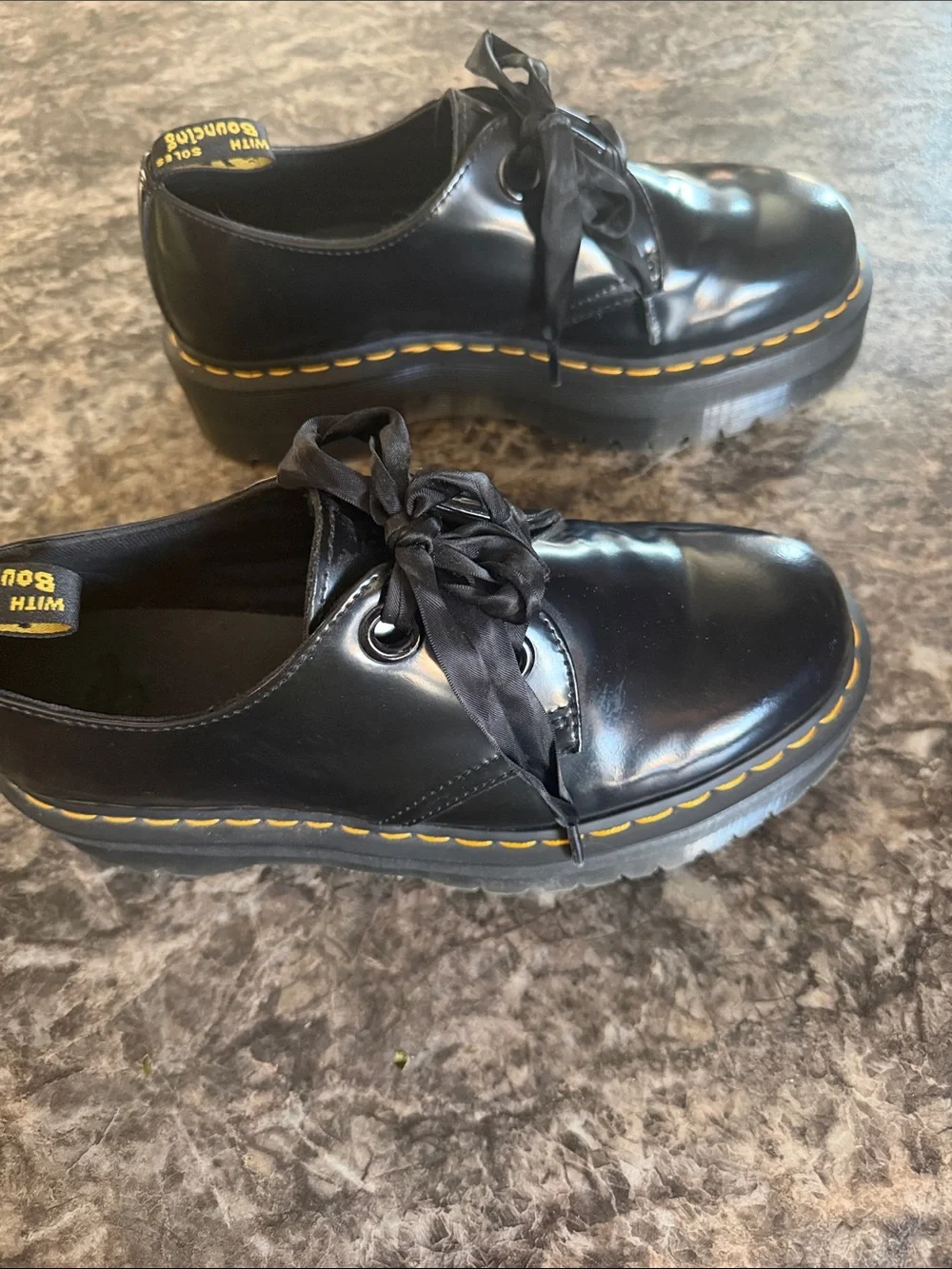 Dr. Martens Black Leather Oxford Shoes with Yellow Stitching